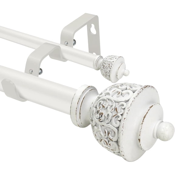 1 Inch White Double Curtain Rod with Vintage Finials, Tension Mount Adjustable 28-48 Inches, for Bedroom & Home