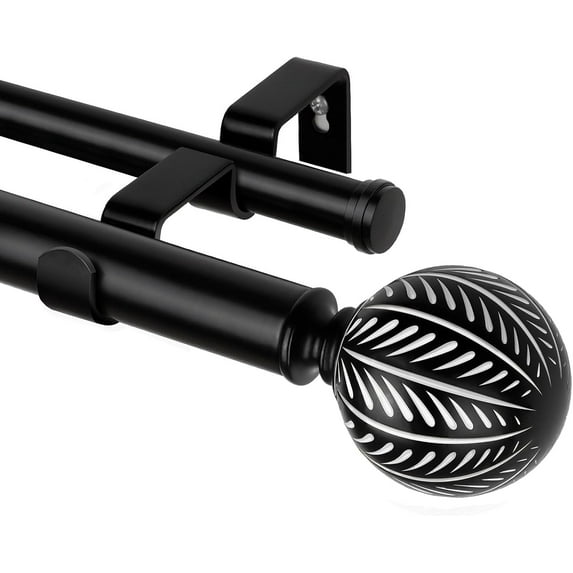 1 Inch Wood Double Curtain Rods for Windows 66 to 120 Inches (5.5-10 Feet), Heavy Duty Decorative Curtain Rods, Wooden Drapery Rods with Leaf Pattern Finials, Black