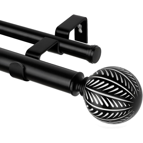 1 Inch Wood Double Curtain Rods for Windows 66 to 120 Inches (5.5-10 Feet), Heavy Duty Decorative Curtain Rods, Wooden Drapery Rods with Leaf Pattern Finials, Black