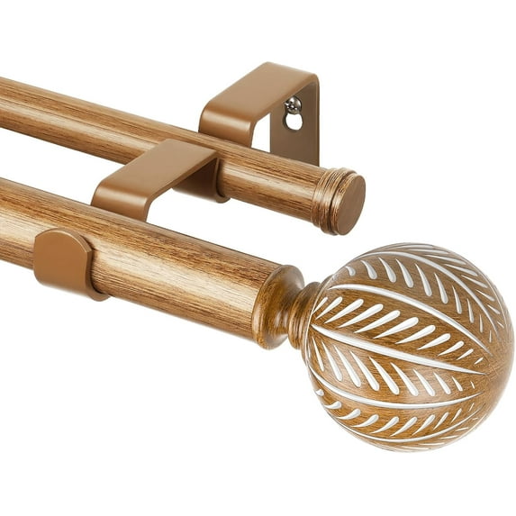 1 Inch Wood Double Curtain Rods for Windows 66 to 120 Inches (5.5-10 Feet), Heavy Duty Decorative Curtain Rods, Wooden Drapery Rods with Leaf Pattern Finials, Wood Grain
