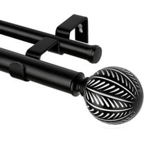 1 Inch Wood Double Curtain Rods for Windows 72 to 144 Inches (6-12 Feet), Heavy Duty Decorative Drapery Rods 66 to 120 inch, Black Leaf Pattern Finials