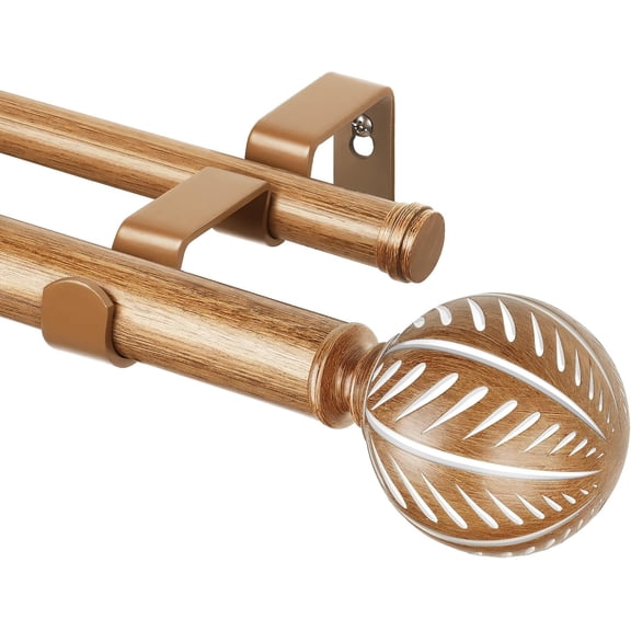 1 Inch Wood Double Curtain Rods for Windows 66 to 120 Inches (5.5-10 Feet), Heavy Duty Drapery Rod with Wood Grain Leaf Pattern Finials, Iron Material