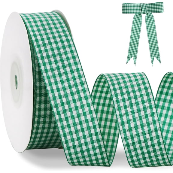 1 Inch x 25 Yards Green Gingham Buffalo Ribbon Plaid Checkered for Gift Wrapping, Hair Bows Making, Floral Bouquet, Crafts, Easter Valentine's Day Baby Shower Birthday Christmas 2.5-Green -