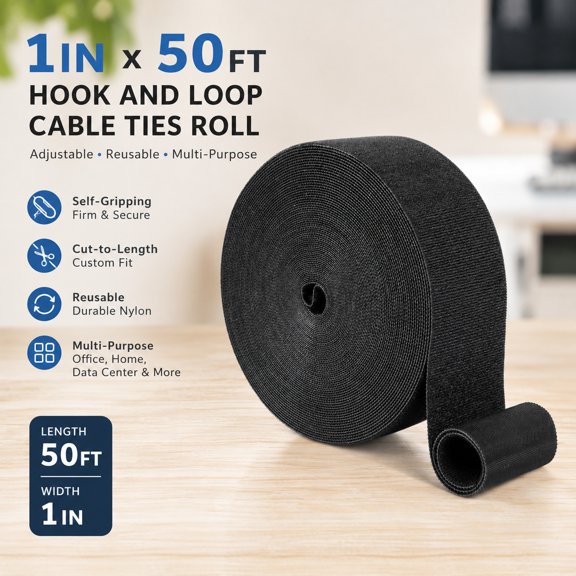 1 Inch x 50 Ft Reusable Hook and Loop Cable Ties Roll | Adjustable Nylon Double-Sided Straps | Multi-Purpose Fasteners for Office, Home, Data Center