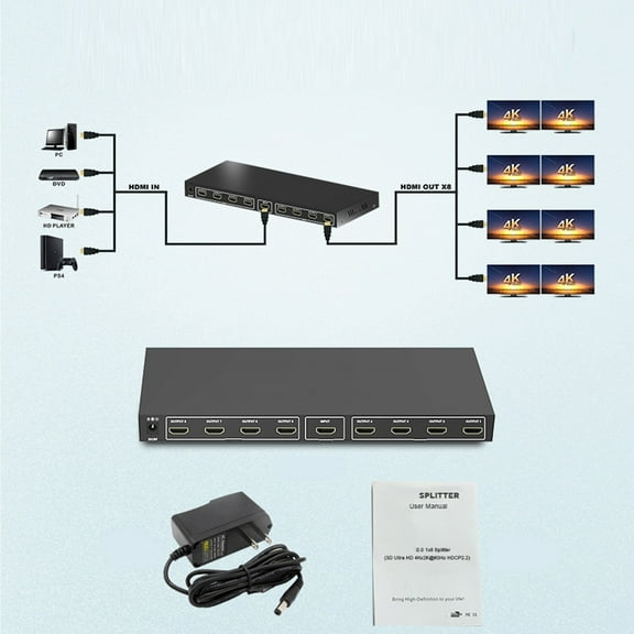 1 Input, 8 Outputs, EDID Support, Ultra-clear US Plug, 100-240V Power, High-Definition Distribution 4K 60Hz HDMI Splitter