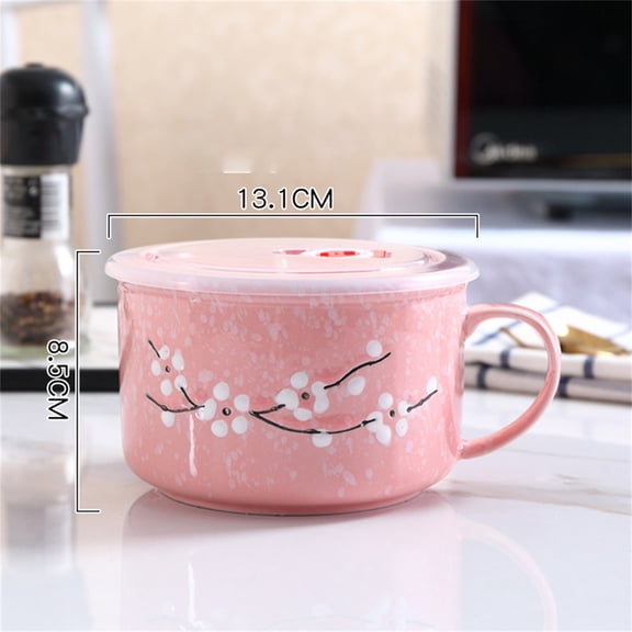 1*Instant Noodle Bowl, 1 Tableware Set off Promotions! Ceramic Plum Blossom Instant Noodle Bowl with Lid Rice Bowl with Handle Household Student Lunch Box Sealed Soup Bowl Pink Stainless Steel Bowl