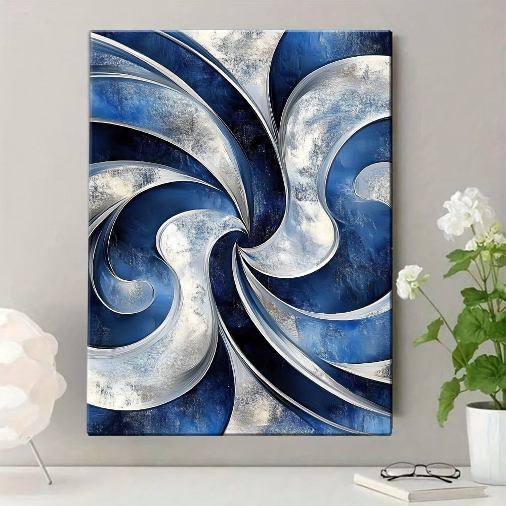 1 Item Abstract Swirls in Blue And Silver Canvas Poster with Wooden Frame - Modern Art Deco Style Wall Decor, Waterproof, Easy to Hang, Suitable for Living Room, Bedroom, Home Office - Unique Gift