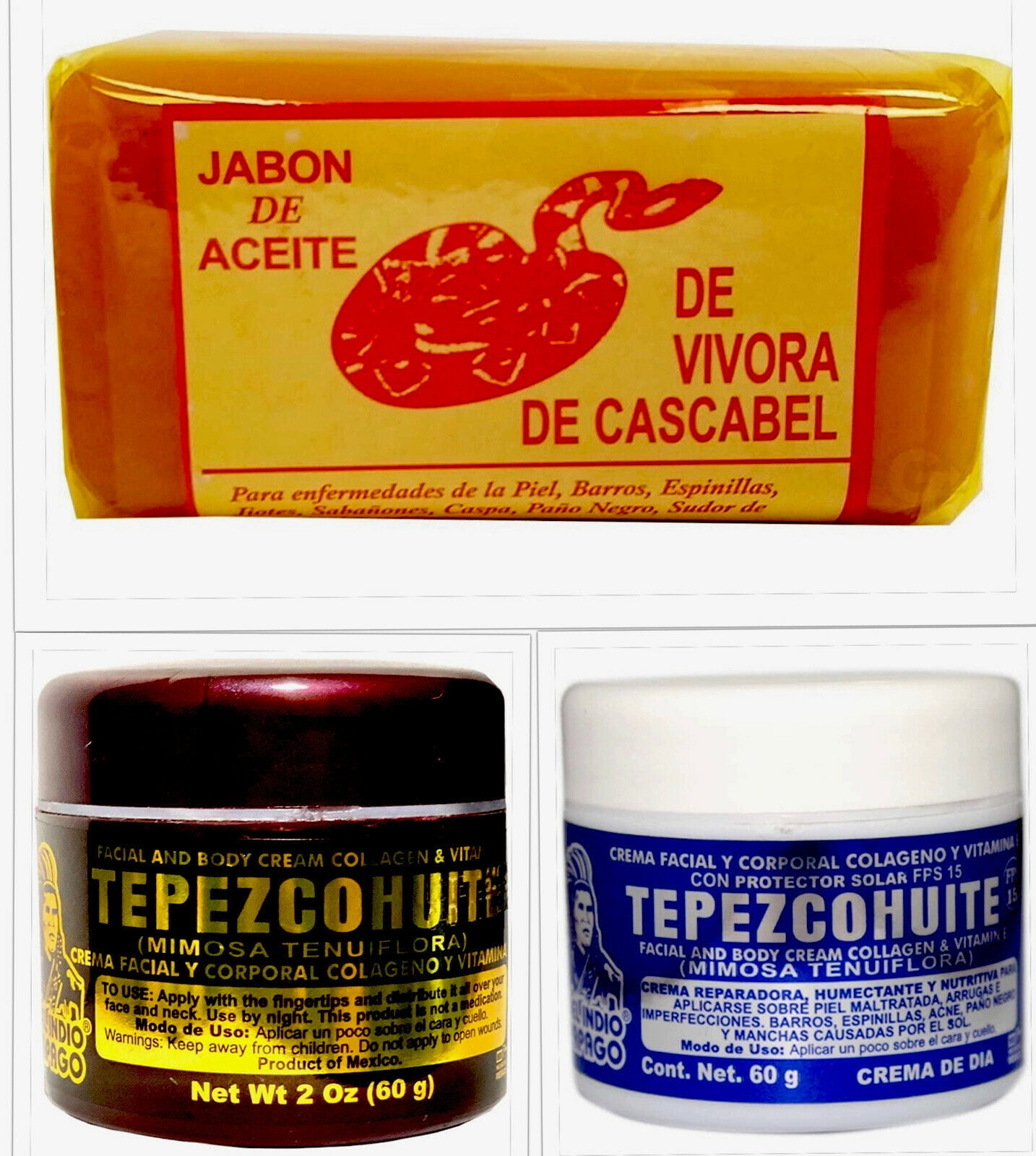 1 JABON ACEITE VBORA  1 CREMA TEPEZCOHUITE NOCHE  1 CREMA TEPEZCOHUITE DIA