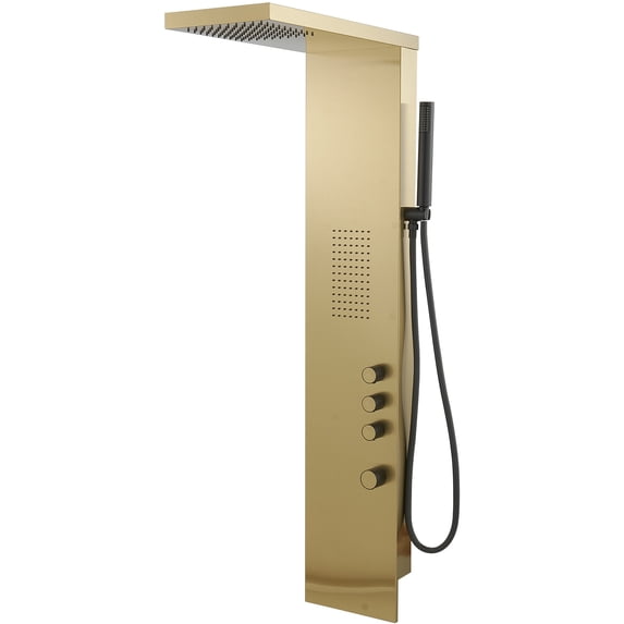 1-Jet Rainfall Shower Panel System with Rainfall Waterfall Shower Head and Shower Wand in Brushed Gold