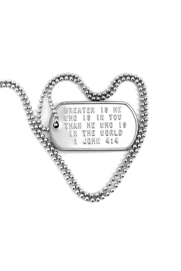 1 John 4:4  (dc1j44) Greater Is He Who Is In You Than He Who Is In The World Dog Tag Necklace is hypo allergenic stainless steel tag