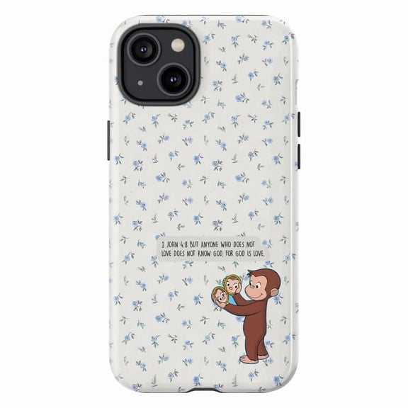 1 John 4:8 Bible Verse Phone Case with Curious George, Blue Ditsy Floral Artistic Protective Cover Compatible with iPhone 17, 16, 15, 14, 13, 12, 11, Pro Max, Plus, Mini