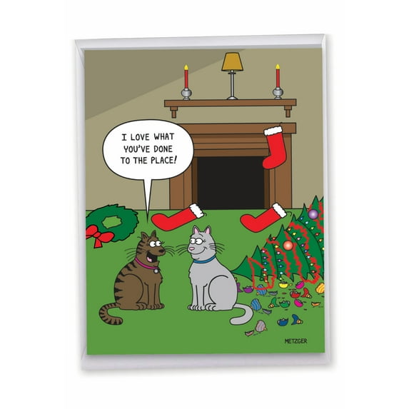 1 Jumbo Funny Holiday Christmas Greeting Card (8.5 x 11 Inch) - Cat Christmas Decor J2912XSG