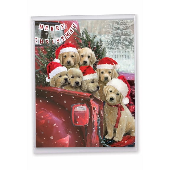 1 Jumbo Holiday Christmas Greeting Card (8.5 x 11 Inch) - Red Truck Puppies Trunk Ride Merry Christmas J3375BXSG-US