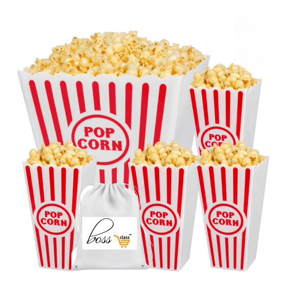 Popcorn Container Set  Includes (1) Jumbo & (4) Tall Reusable Popcorn Buckets  Durable Plastic Bowls for Home Theater, Picnics, Camping + Custom Storage Carrier