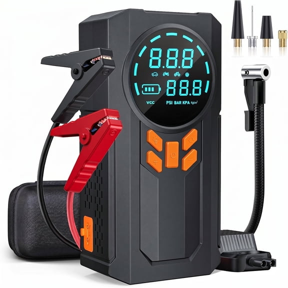 1 Jump Starter with Air Compressor, 5000A 12V Car Booster, 160PSI Portable Tire Inflator with LED Light and LCD Display