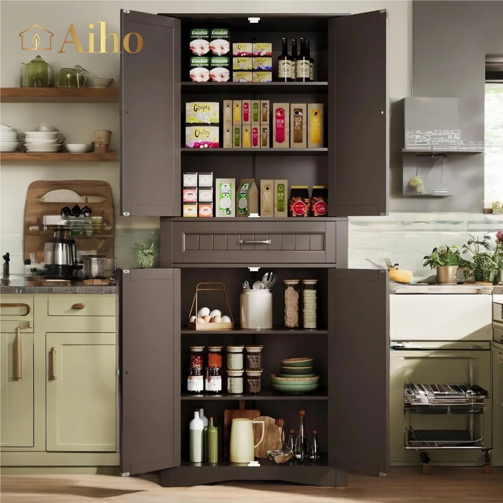 Aiho 71" Kitchen Pantry Storage Cabinet, Storage Cabinet with Barn Doors, Drawer, Adjustable Shelves(图1) Aiho 71" Kitchen Pantry Storage Cabinet, Storage Cabinet with Barn Doors, Drawer, Adjustable Shelves(图1)