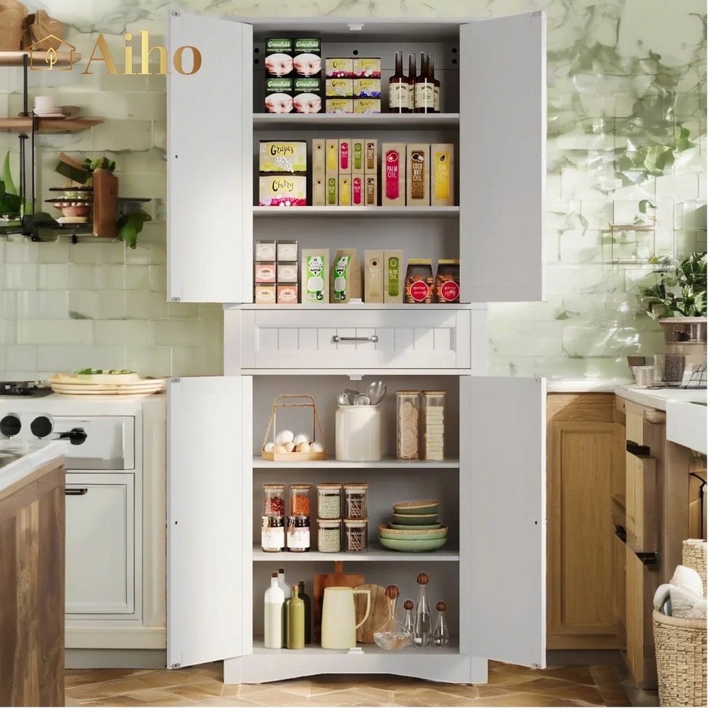 Aiho 71" Kitchen Pantry Storage Cabinet, Storage Cabinet with Barn Doors, Drawer, Adjustable Shelves(图1)