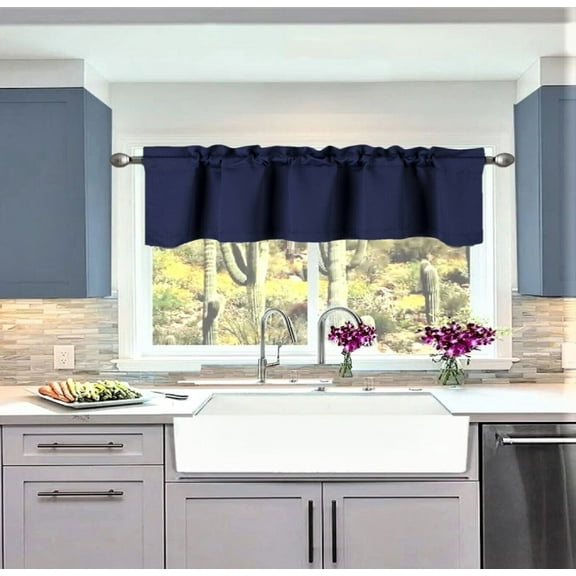 1 Kitchen valance thermal navy blue solid rod pocket blackout window dressing filtering TVLO size 54" wide X 18" length