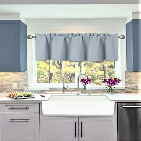 1 Kitchen valance thermal slate blue solid rod pocket blackout window dressing filtering TVLO size 54" wide X 18" length