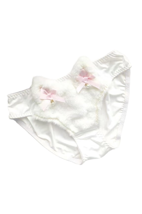 1. Kitten Bowknot Accent Women's Furry Panties Japanese Cosplay Lingerie with Pearls Underwear Briefs
