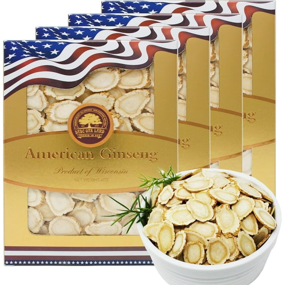 1 LB American Ginseng Slices from Wisconsin, American Wisconsin Ginseng Slices Root for Tea, Energy for Men Women Health Boosts Immunity Lager Round Strip 4 Box of 4OZ