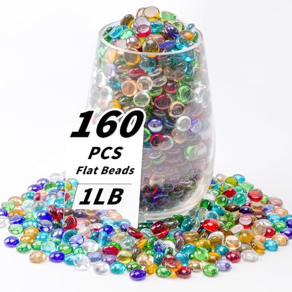 1 LB Mixed Color Flat Glass Beads, 160-180PCS Small Glass Marbles, Mini Flat Round Pebbles for Vase Filler and Floral, Fish Tank Rocks Decorative Gemstones for Home and Aquarium Dcor