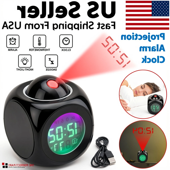 1 LED Projection Alarm Clock with Digital LCD Display, Voice Talking, Weather Forecast, Snooze and USB Charging Port