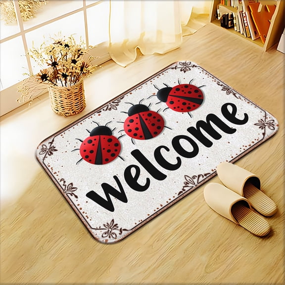 1 Ladybug Welcome Rug - Non-slip, absorbent, machine washable, soft ladybug pattern, machine washable, made of polyester, suitable for outdoor porch, kitchen, living room, and bathroom decor.