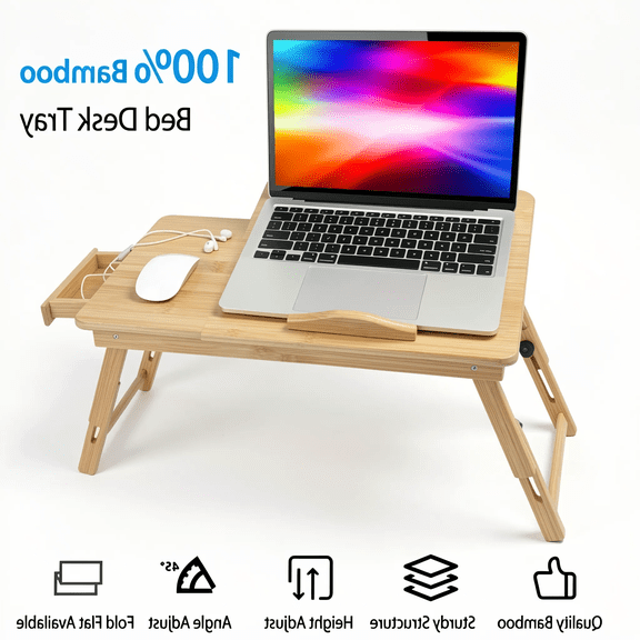 1 Lap Desk with Foldable , Adjustable Tilt Surface and Side Storage Drawer for Laptop Work, Study, Reading and Eating in Bed