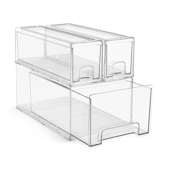 1 Large and 2 Small Clear Stackable Storage Drawers Plastic Organizer Bins with Handles Stackable Pull-Out Storage Drawers for Closet Pantry Office Bathroom Craft and Toy Organization