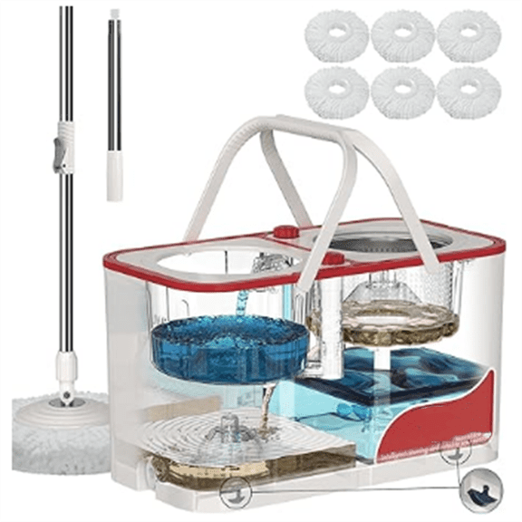 1 Large-Capacity Spin Mop and Bucket for Big Homes & Deep Cleaning Days,4-Chamber System Separates Dirty & Clean Water, 2-GAL Heavy-Duty Design with Wheels & 6 Refill Mop Heads - White/Red