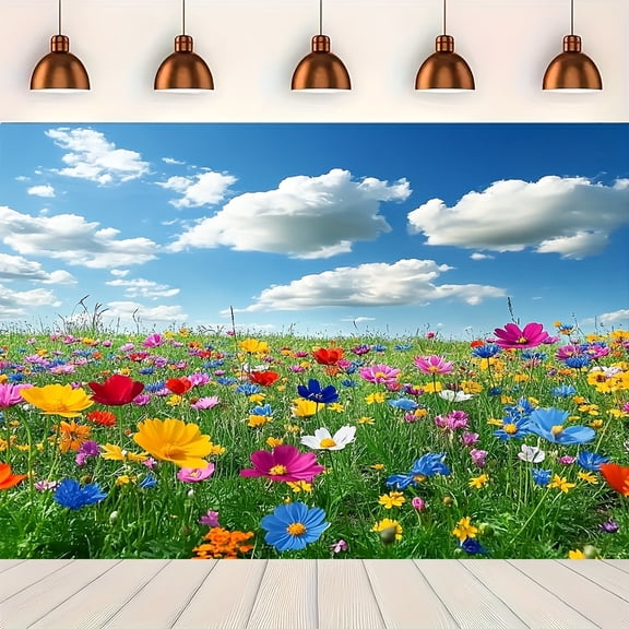 1 Large-Format Spring-Themed Tapestry — Featuring Blue Skies, White Clouds, and Vibrant Flowers; Made of Durable Polyester; Ideal for Dorms, Bedrooms, Parties, and Outdoor Decor