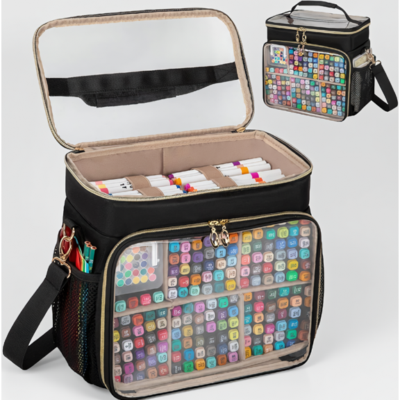 1 Large Marker Organizer Case with Removable Dividers, Double-Layer Art Supply Storage Bag, Holds 200-300 Markers, Black