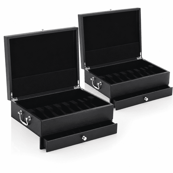 1 Layer Wooden Silverware Storage Box Chest with Lid, Black | Leather Flatware Chest with Metal Handle, Anti-tarnish Felt Lining, Space-Saving Daily Essential, Built-in Bottom Drawer