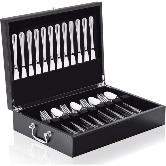 1 Layer Wooden Silverware Storage Box Chest with Lid, Black | Leather Flatware Chest with Metal Handle, Anti-tarnish Felt Lining, Space-Saving Daily Essential, -in Bottom Drawer
