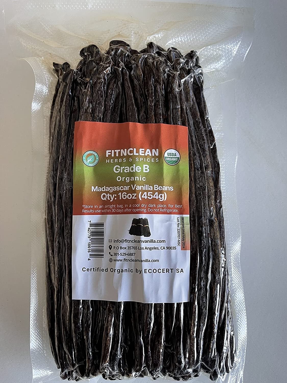 1 Lb Organic Madagascar Vanilla Beans Grade B. Certified USDA Organic. 5"-8" by FITNCLEAN VANILLA. 16 oz Whole NON-GMO Bourbon Pods