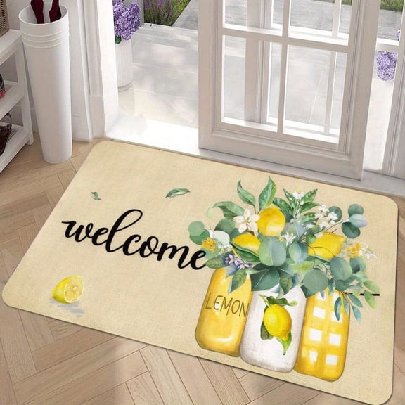 1 Lemon-themed Flannel Doormat - Made of non-slip, absorbent polyester with a citrus pattern, suitable for outdoor porches, kitchens, living rooms, or office decor.