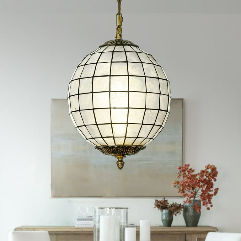 1 Light 12 Vintage Mid Century Natural CAPIZ SHELL Chandelier Antique Brass French Country Hanging Globe Lantern Pendant Light Walmart