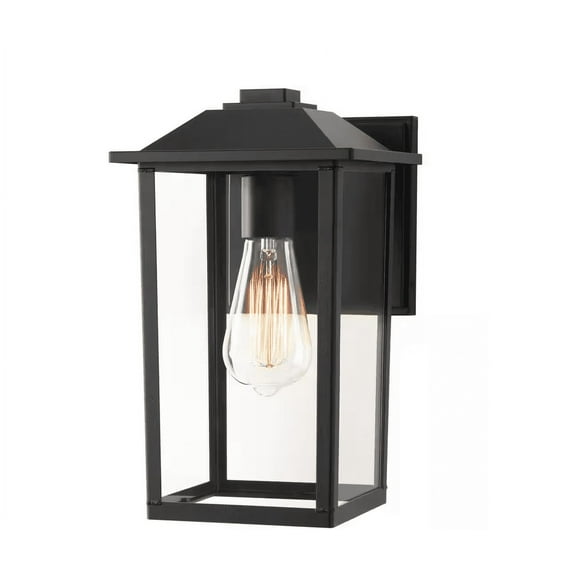 1-Light 12 in. Black Hardwired Transitional Outdoor Wall Lantern Sconce with Clear Glass