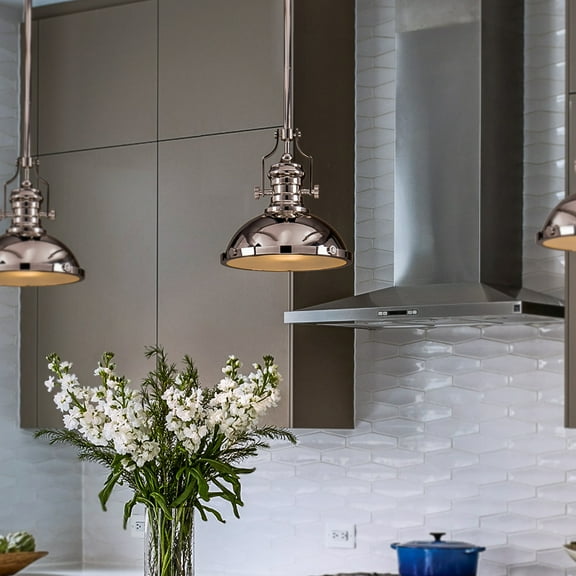 1-Light 13" Modern Industrial Polished Nickel Single Dome Pendant Light Fixture for Kitchen Island