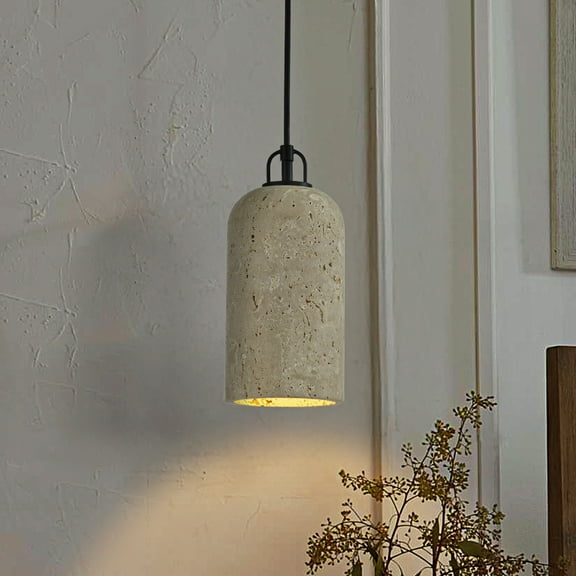 1-Light 5'' Modern Famhouse Natural Travetine Single Pendant Light Coastal Cylinder Hanging Light For Bedroom and Dining Room