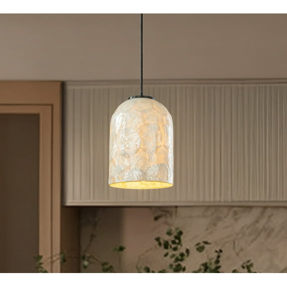 1-Light 7'' Modern Farmhouse Natural Capiz Seashell Single Pendant Light Coastal Cylinder Hanging Light For Kitchen and Dining Room