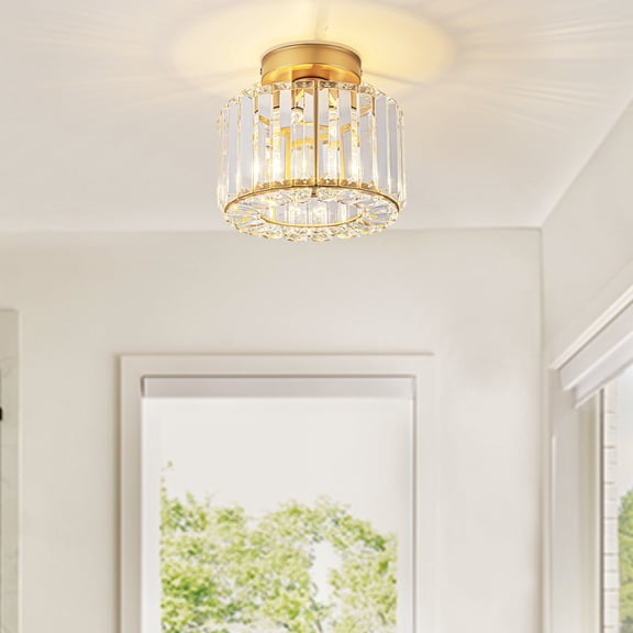 1-Light 9-Inch Semi-Flush Mount Chandelier with Crystal Strip Shade  Modern Ceiling Light Fixture for Hallway, Kitchen, Bedroom, Foyer, Chrome Finish, Clear Crystals