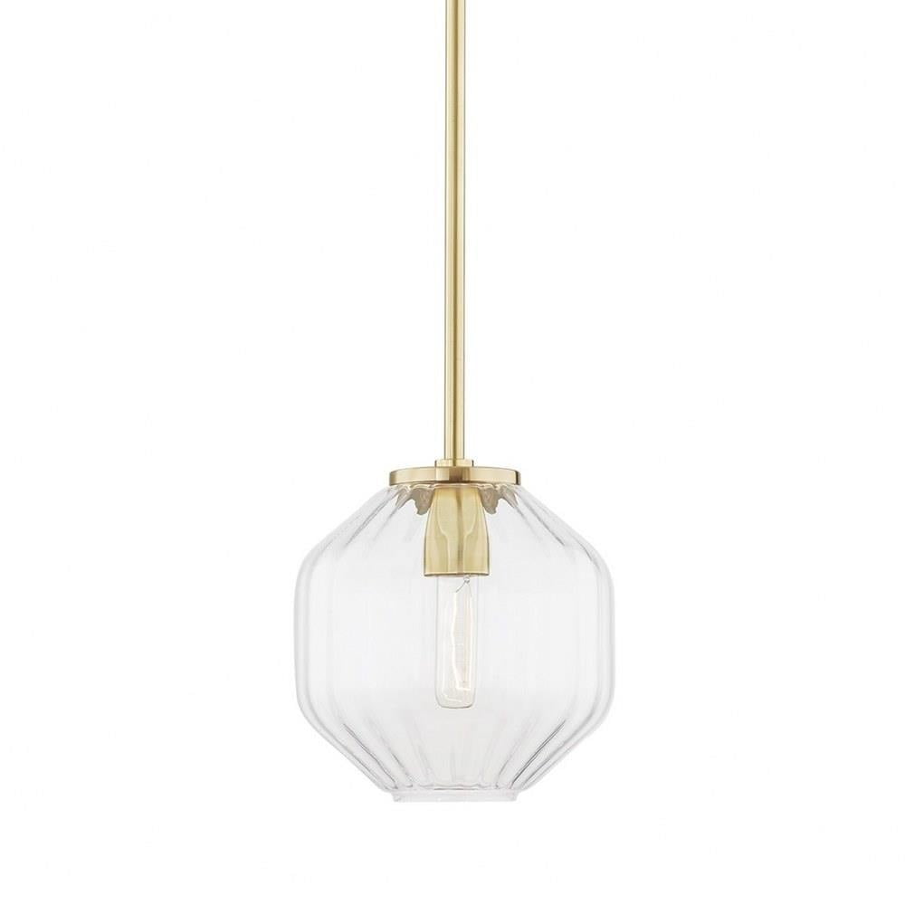 Aged Brass Globe Pendant Light with Pleated Clear Glass