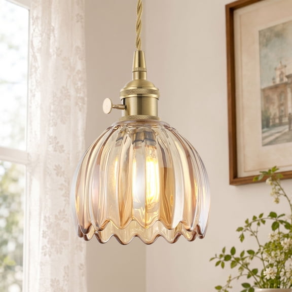 1-Light Adjustable Pendant Light with 5.12" Amber Ribbed Glass Shade, Boho Hangling Light for Kitchen Island, Bedroom, Dining Room, Foyer | E26 Base