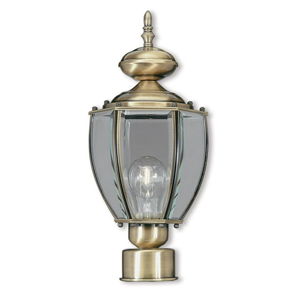 1 Light Antique Brass Post-Top Lantern Pendant Lighting Fixture with Clear Beveled Glass Shade backed with Solid Brass material for patio, front porch, entryway and more