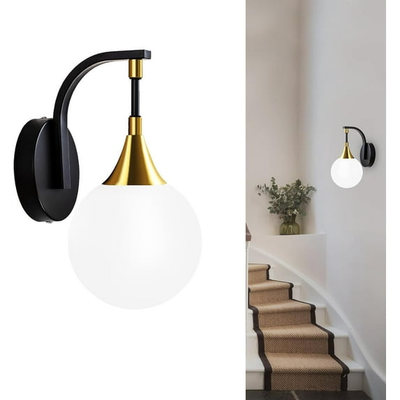 1-Light Bathroom Wall Sconce Light,Black and Gold Vanity Lighting with White Milk  Glass Shade, Vintage Wall Light Fixture Wall Lamp Wall Mount Light for Bedroom Hallway