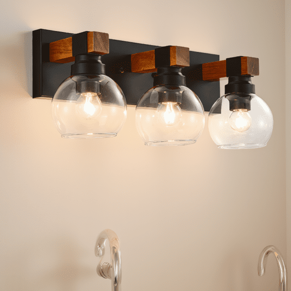 1-Light Black Bathroom Vanity Light Fixture, Industrial Farmhouse Wall Sconce Over Mirror with Clear Glass Shade and Wood Accent