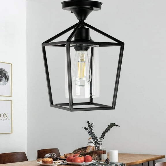 1-Light Black Farmhouse Semi Flush Mount ,Rustic Cage Celling Lighting with Glass Shade for Kitchen Islands, Corridors and Entrances Lighting