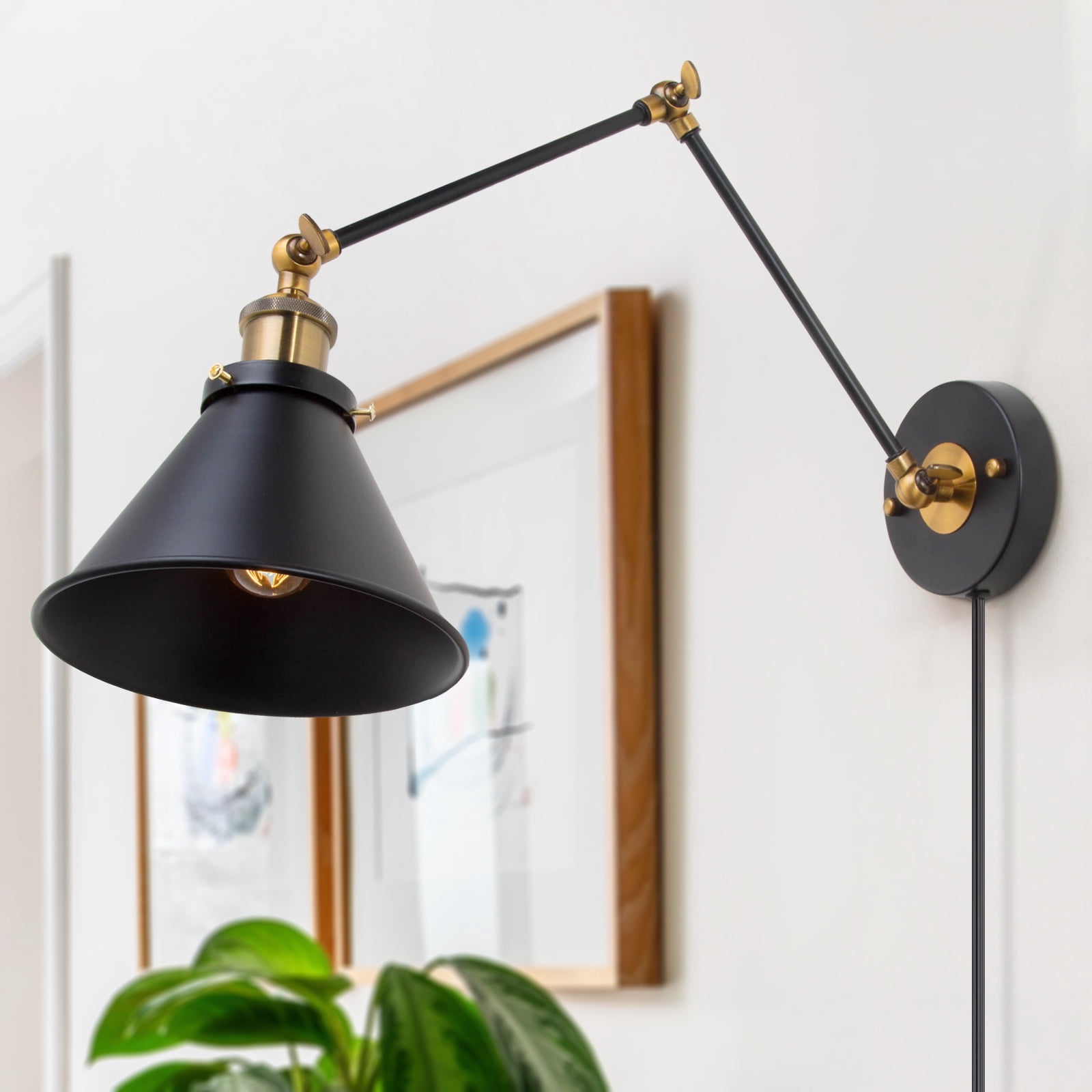 1-Light Black Gold Modern Industrial Plug-In or Hardwired Swing Arm